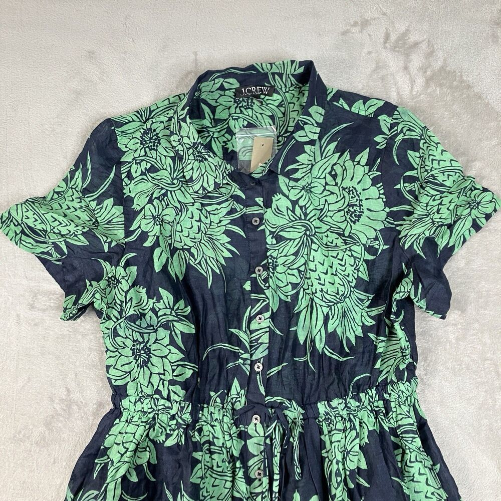 J Crew Ramie Cerise Shirt Dress Womens 12 Navy Green Pineapple Print Midi - Picture 3 of 16